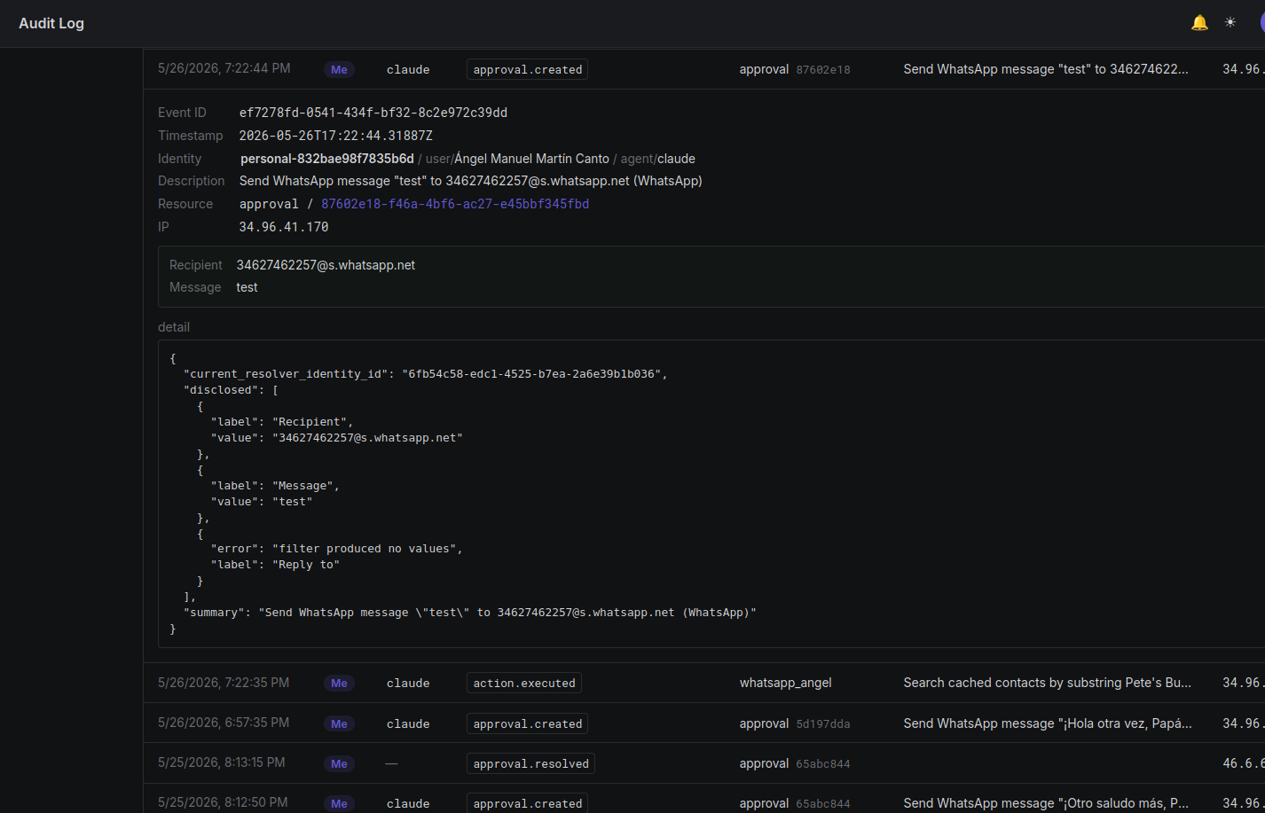 The Overslash audit page — a feed of actions, approvals, and secret accesses with timestamps and identities