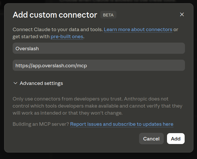 Adding Overslash as a custom MCP connector in claude.ai's settings