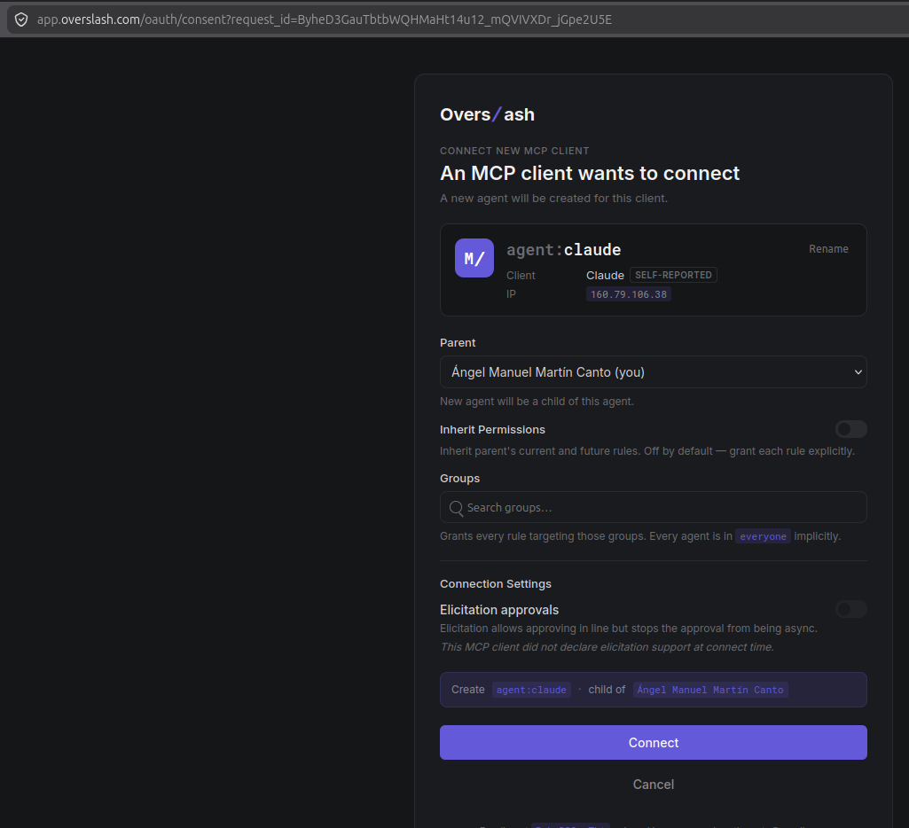 Picking the Overslash agent identity claude.ai will act as during the OAuth flow