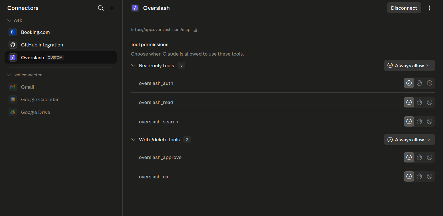 Recommended connector permissions — every Overslash tool set to "always allow"