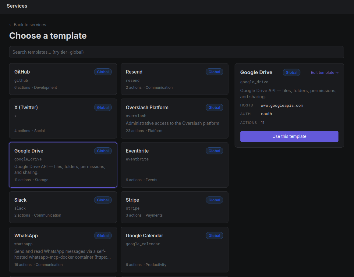 The Overslash service catalog — global, org-level, and user-level templates side by side